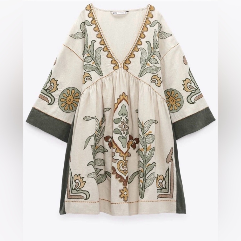 Zara Cream Mini Dress with Green and Gold Floral Embroidery
